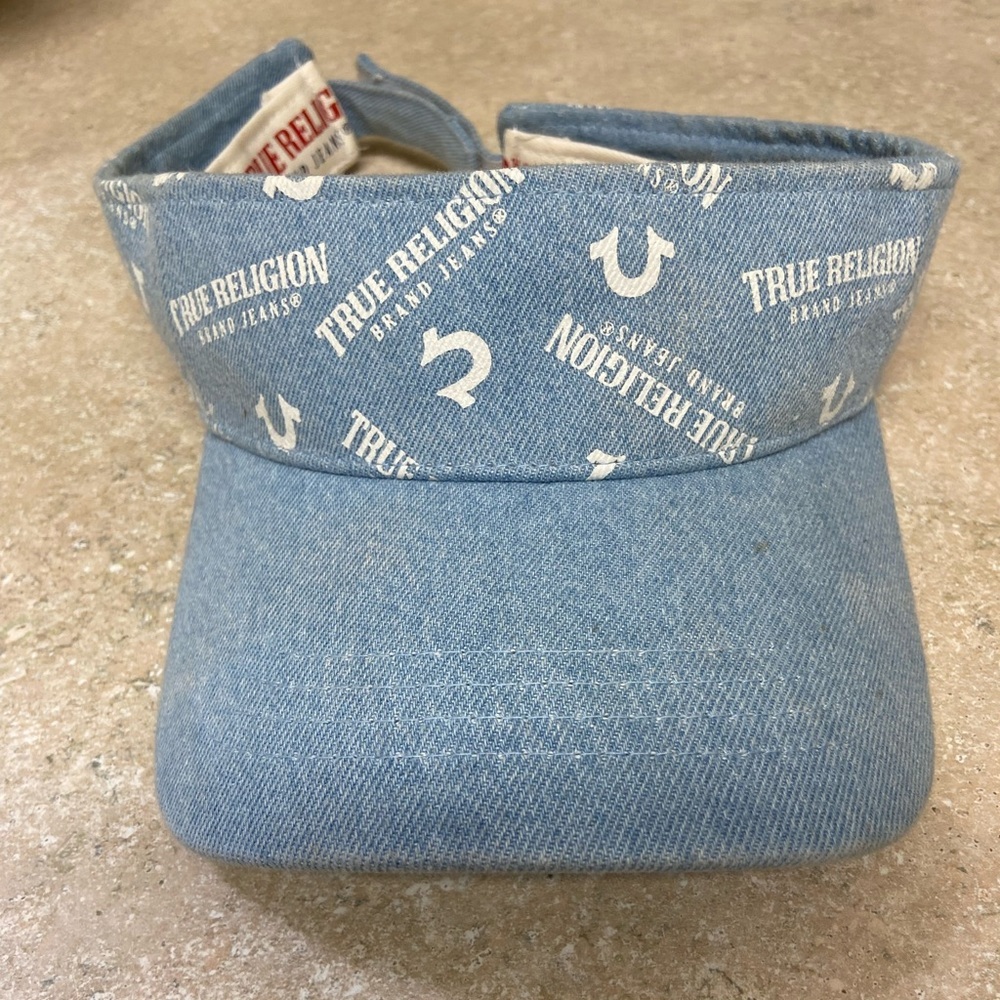 True Religion Visor Hat Cap Strap Back Blue Denim One Size Adjustable